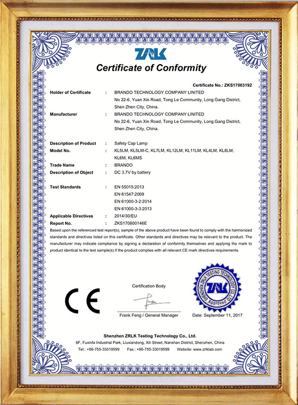 Corded mining cap lamp CE approval